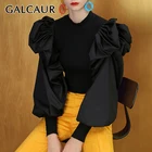 Женский трикотажный свитер с рюшами, круглым вырезом и рукавами-фонариками