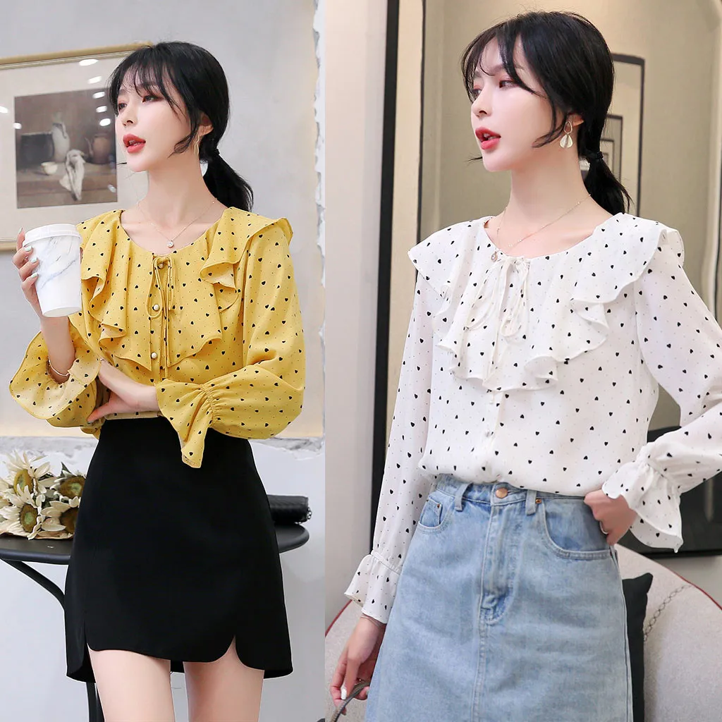 Женская Корейская Свободная шифоновая рубашка с кукольным воротником женские