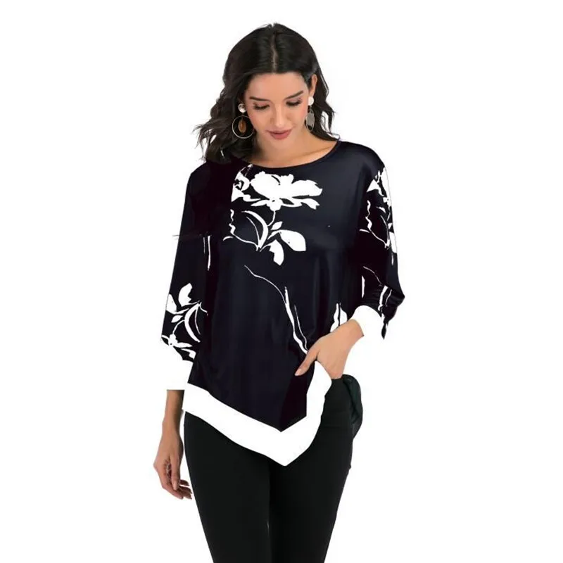 Женская Асимметричная футболка с длинным рукавом черная Повседневная цветочным