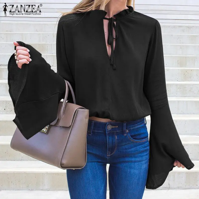 

2021 Autumn Solid Flare Sleeve Tunic ZANZEA Lady Casual Blusas Womens Office V Neck Blouse Fashion OL Oversized Drawstring Tops