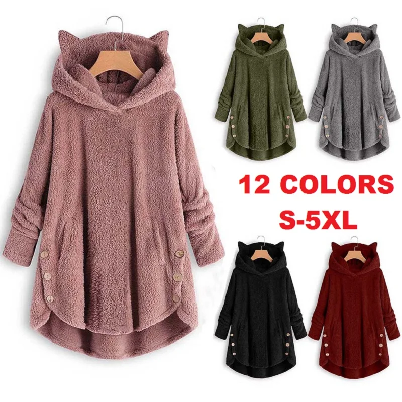 

Cute Plush Coat Winter Harajuku Irregular Hem Fleece Warm Woman Teddy Coat Kawaii Cats Ears Hooded Women Fluffy Jackets Coat