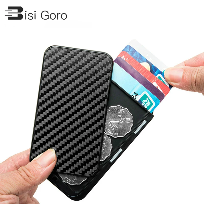 

BISI GORO 2021 Carbon Fiber Aluminum Card Holder Multi RFID Blocking Money Bag Security Smart Wallet Cartera Feminina Tarjetero