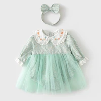princess long sleeve romper spring autumn peter pan collar baby girl bodysuit toddler infant tulle dress with hairband 0 2y