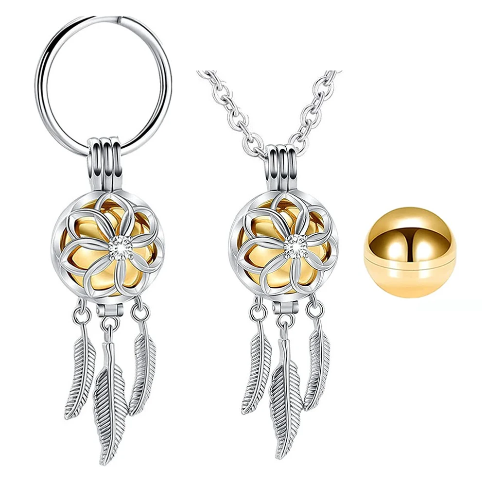 

Stainless steel dream catcher urn necklace cremation jewelry for ashes memorial jewelry feather tassel ashes keepsake-2pcs