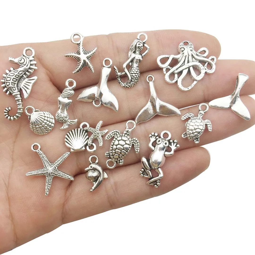 

40pcs Tibetan Silver plated Mixed bead Charms Seahorse Shell Starfish Turtle Ocean Theme Pendant DIY Beads Jewelry Accessories