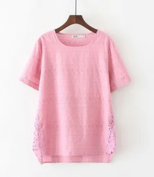 Blusas Для женщин полный хлопок черный большие размеры Футболки цветочной вышивкой длинные рукава открытые белые 3XL 6XL свободные топы тройники рубашки футболки женские - Цвет: Розовый