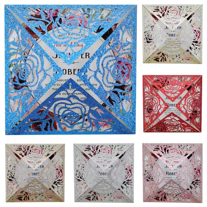 

20pcs/set Wedding Invitations Cards Glitter Rose Greeting Card Bridal Shower E56E