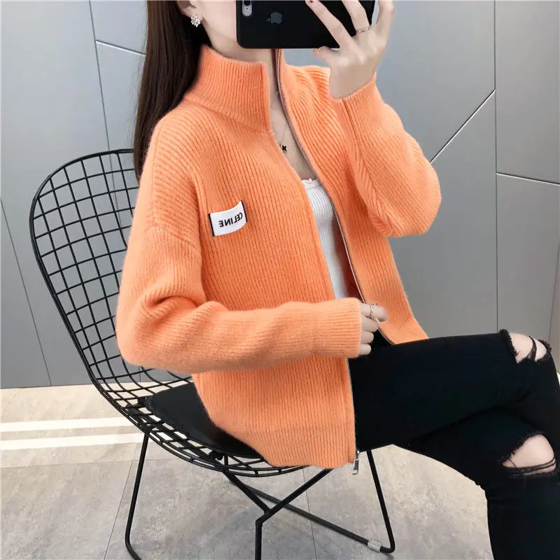 

2021 Fashion Zipper Knite Sweater Jacket Women Loose Lazy Style Pure Color Cardigan Stand-Up Collar Coat Femme Tops Trend W51
