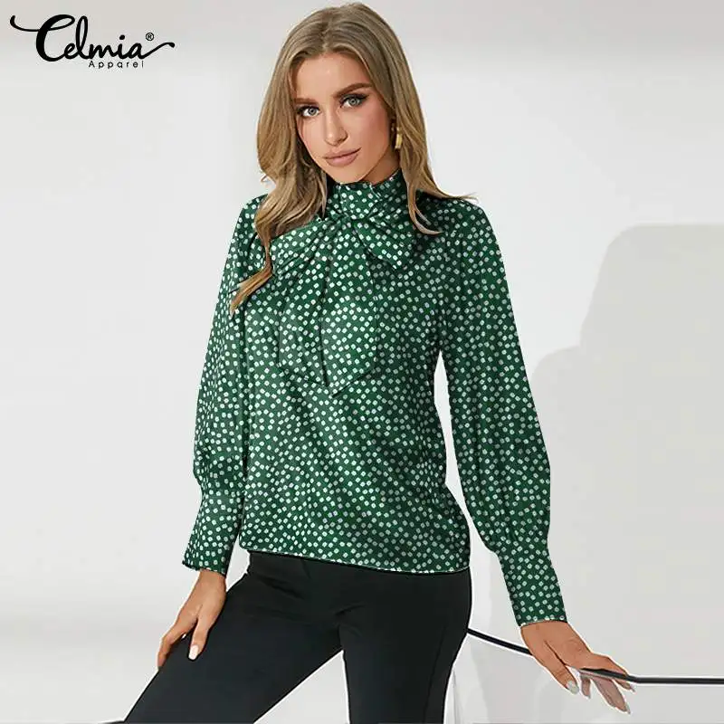

Celmia 2021 Autumn Elegant Satin Blouse Long Lantern Sleeve Stylish Small Floral Print Bow Tie Tunic Tops Office Femininas Shirt