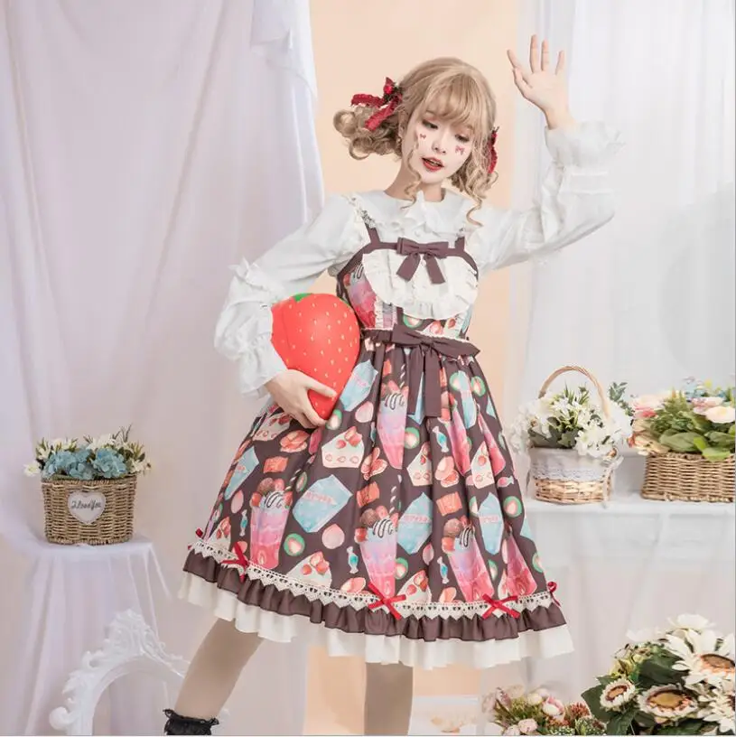 Новинка 2019 милое платье на бретельках с принтом LO десерта в Стиле Лолита девушки