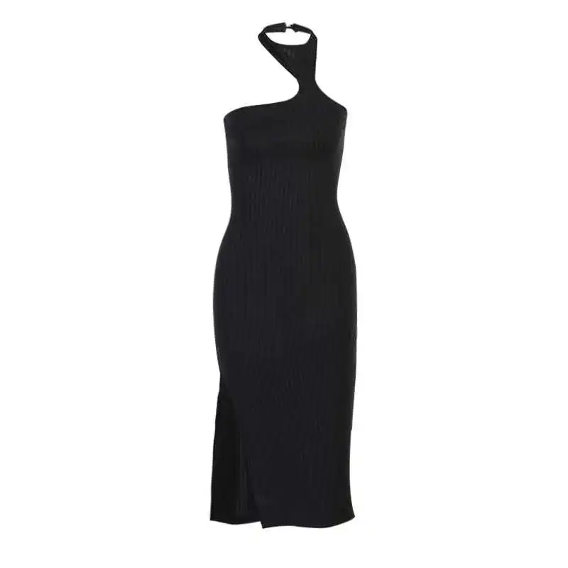 

Summer Dress Fashion Robe White Split Sexy Midi Dresses Elegant Cut-Out Holiday Sleeveless Ribbed Knitting Dress Solid