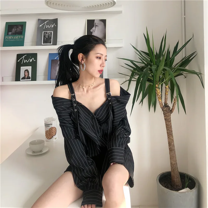 

Spring and Autumn Korean Women's Personality Sling Striped Off-shoulder Shirt Top Versatile Long-sleeved Loose Cardigan Jacket
