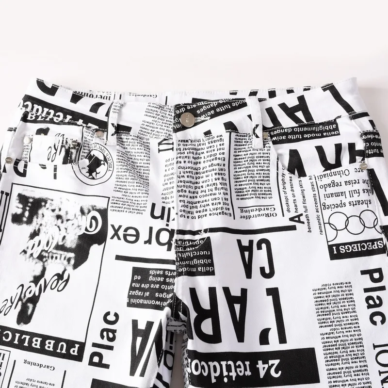 Male Personality Letter Printed Mens Jeans Painted Casual Trendy Nightclub Singer Explosive Denim Trousers Slim Stretch Jeans