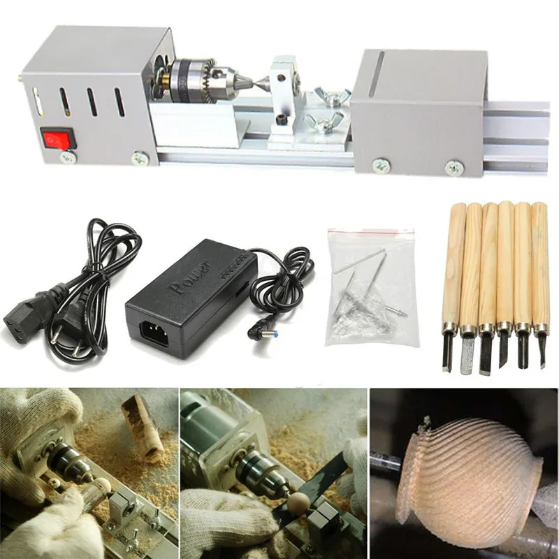 

24V 80W 7 Speed Adjustment Mini Lathe Machine Woodworking DIY Lathe Set with DC Power Adapter and 6pcs Chisel