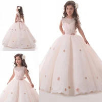 light blush pink flower girl dresses for weddings lace applique kids ball gown sweep train first communion dress