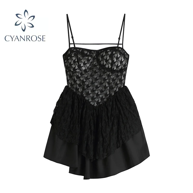 Женское короткое платье с подтяжками черное кружевное платье-трапеция в