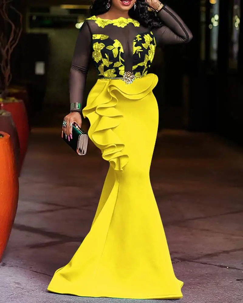 

Women Sexy Sheer Mesh Insert Party Dress No Belt Long Sleeve Ruffles Fishtail Dress