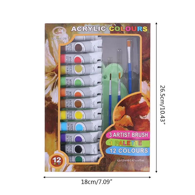 

12ml 12 Colors Professional Acrylic Paints Brush Palette Set Hand Painted Drawing Painting Pigment Artist DIY