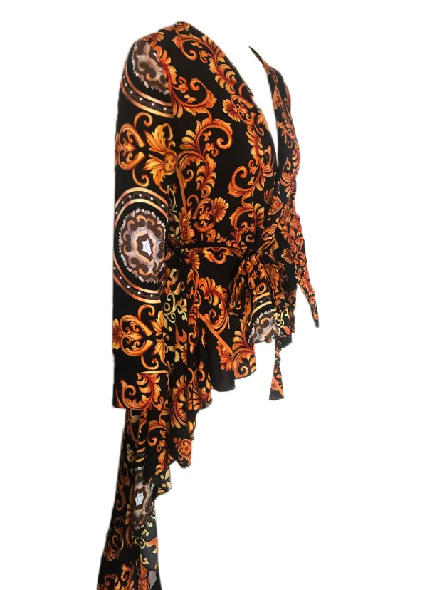 

Women'S Flower Printing Bohemian Dress V Neck Irregular Casual Ruffles Fashion Dress Female Sexy Long Sleeves Vestidos K1308