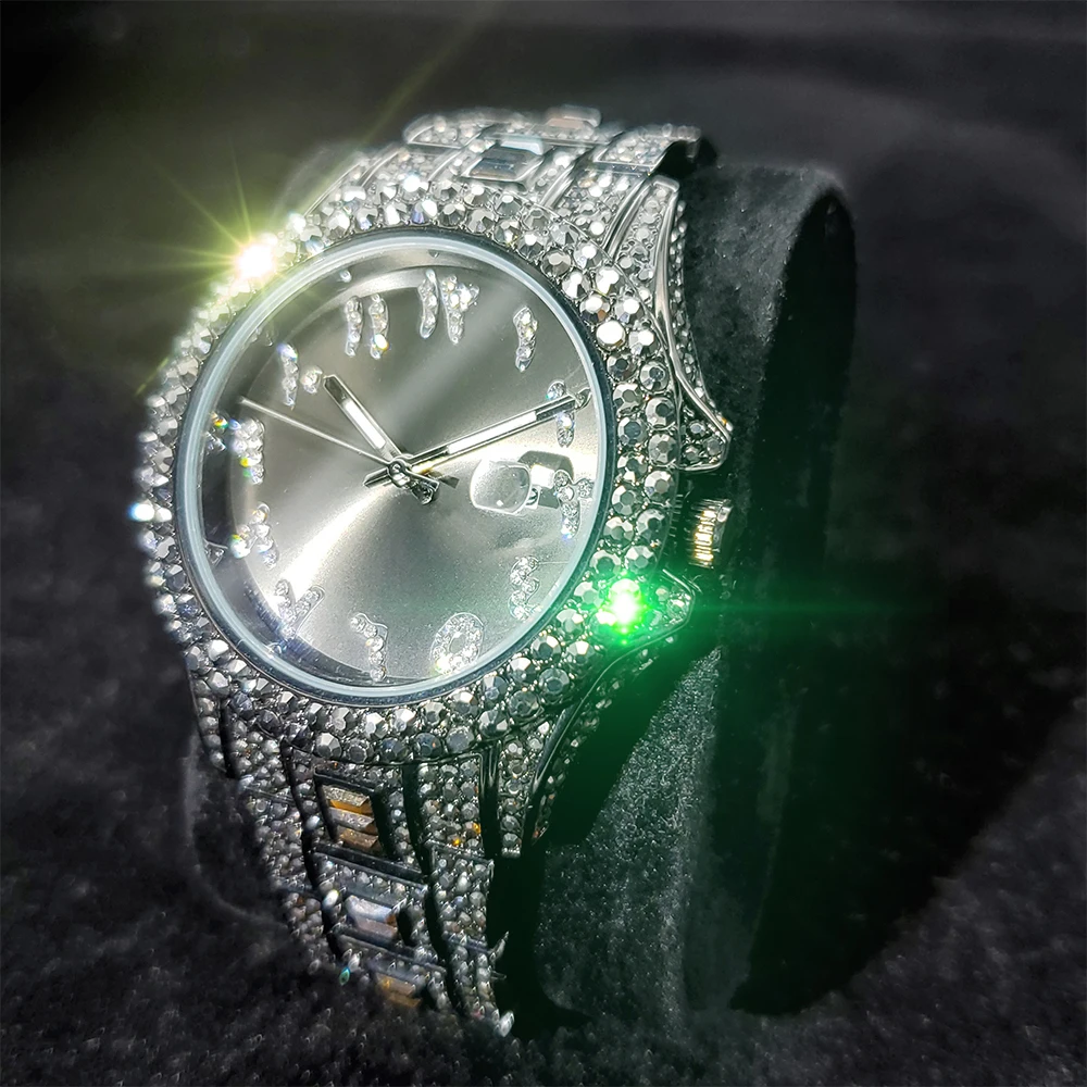 

MISSFOX Black Full Diamond Watch Man Luxury Hiphop Arabic Digital Men Watches Calendar Stainless Steel Quartz Watches For Man