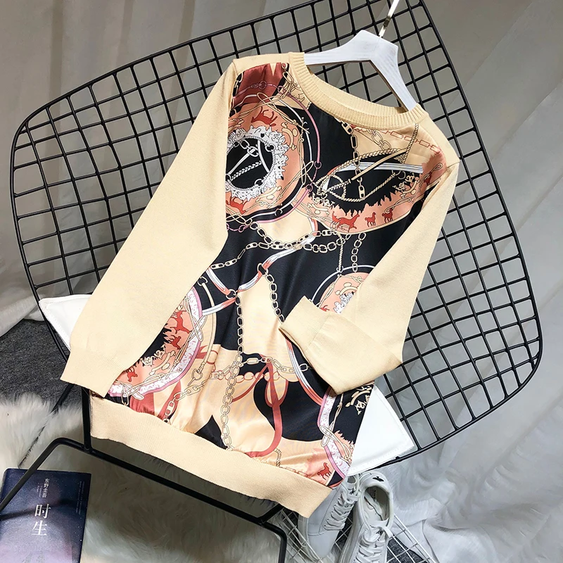 Женский атласный свитер ALPHALMODA вязаный с длинным рукавом винтажным принтом в