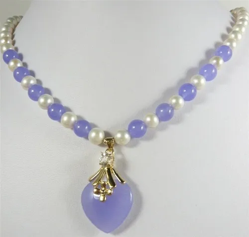 

trendy mixed white pearl purple natural jade necklace +heart pendant