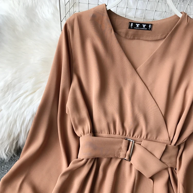 ALPHALMODA осеннее офисное женское платье с длинными рукавами и поясом, новое повседневное шифоновое платье с высокой талией и v-образным вырезом, однотонное женское платье до середины икры