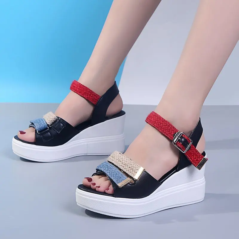 

Женские босоножки на танкетке, удобные туфли-лодочки с открытым носком, высокий каблук, Классическая обувь, лето