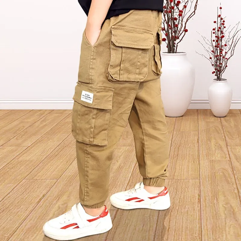 TKA303 Khaki Модные детские штаны для мальчиков Хлопковые Штаны-шаровары брюки со множеством карманов с лентами осенние детские повседневные штаны с эластичной резинкой на талии для мальчиков - Цвет: TKA303 Khaki
