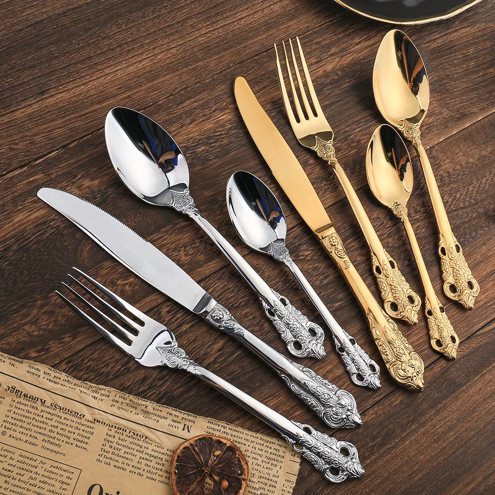 

Classic Vintage Style Stainless Steel Western Dinnerware Set Antique Finish Cutlery Set Tableware For Kitchen Family