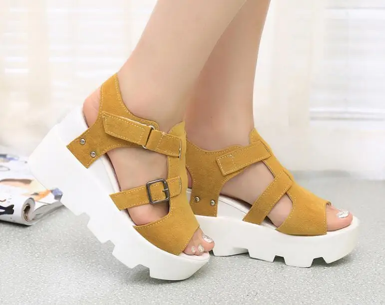 

Summer autumn Women's Buckle Shallow Mouth Casual Shoe High-Heel Wedge Heel Female Sandals Round Toe Suede Wedge Heel