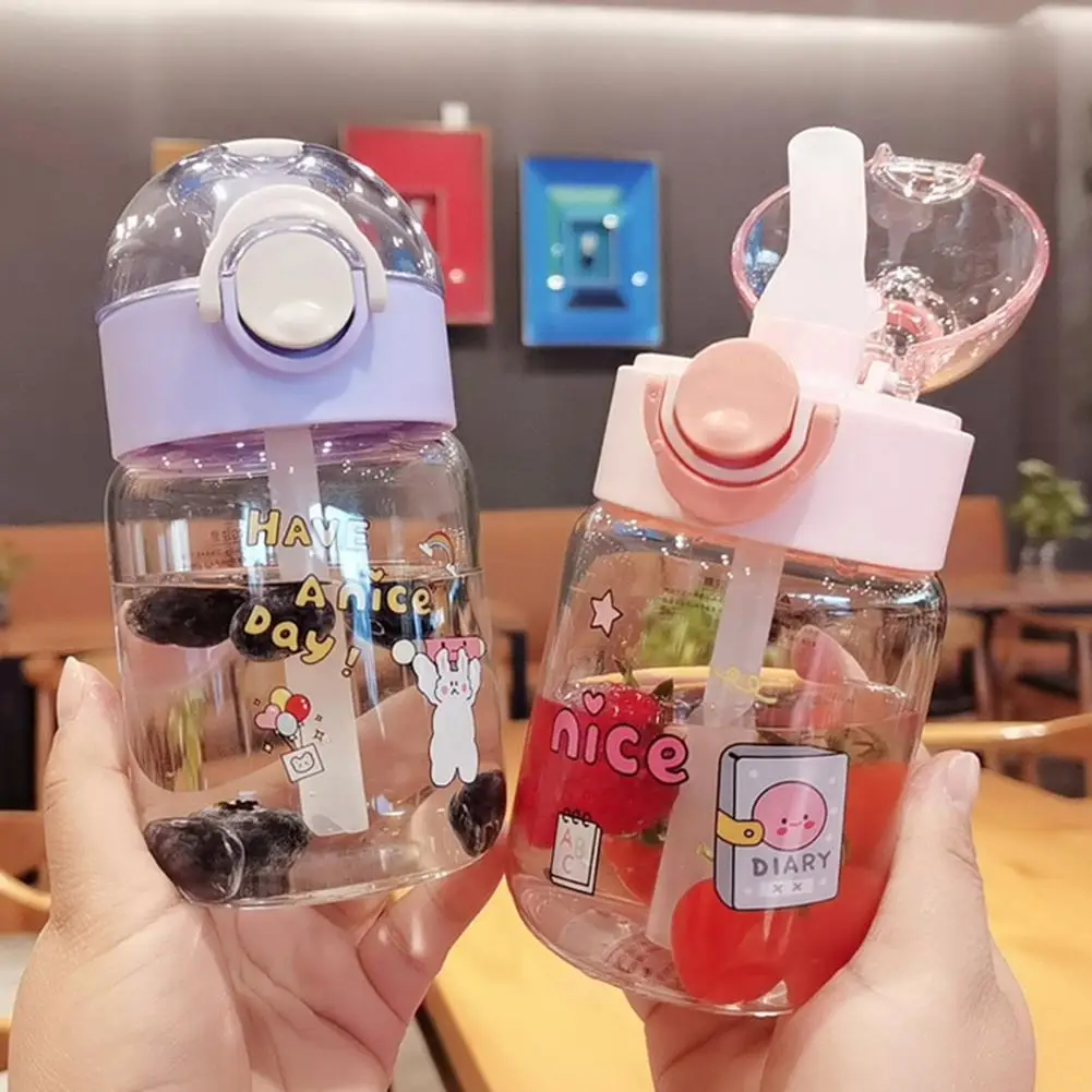 

380ML Cute Kids Straw Cup With Cup Lid Skid-resistant High Borocilicate Glass Straw Water Bottles Children Kettle
