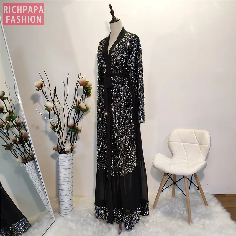 Черный ИД абайя Дубай кафтан кимоно кардиган мусульманский хиджаб платье