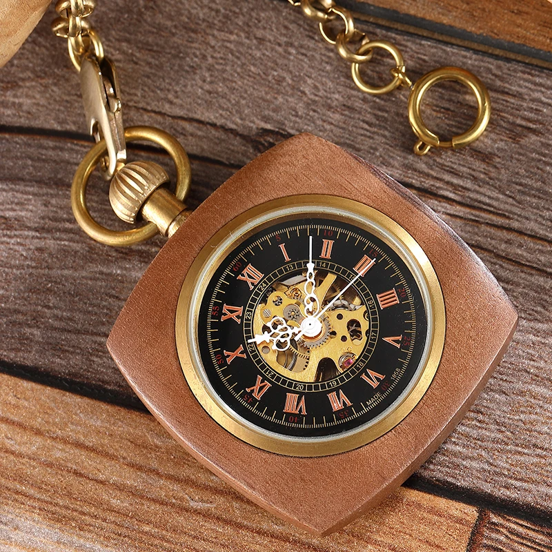 Real Wooden Mechanical Pocket Watch for Men Antique Golden Square Back Case Gold Back Engraved Wood Fob Chain Clock Dropshipping