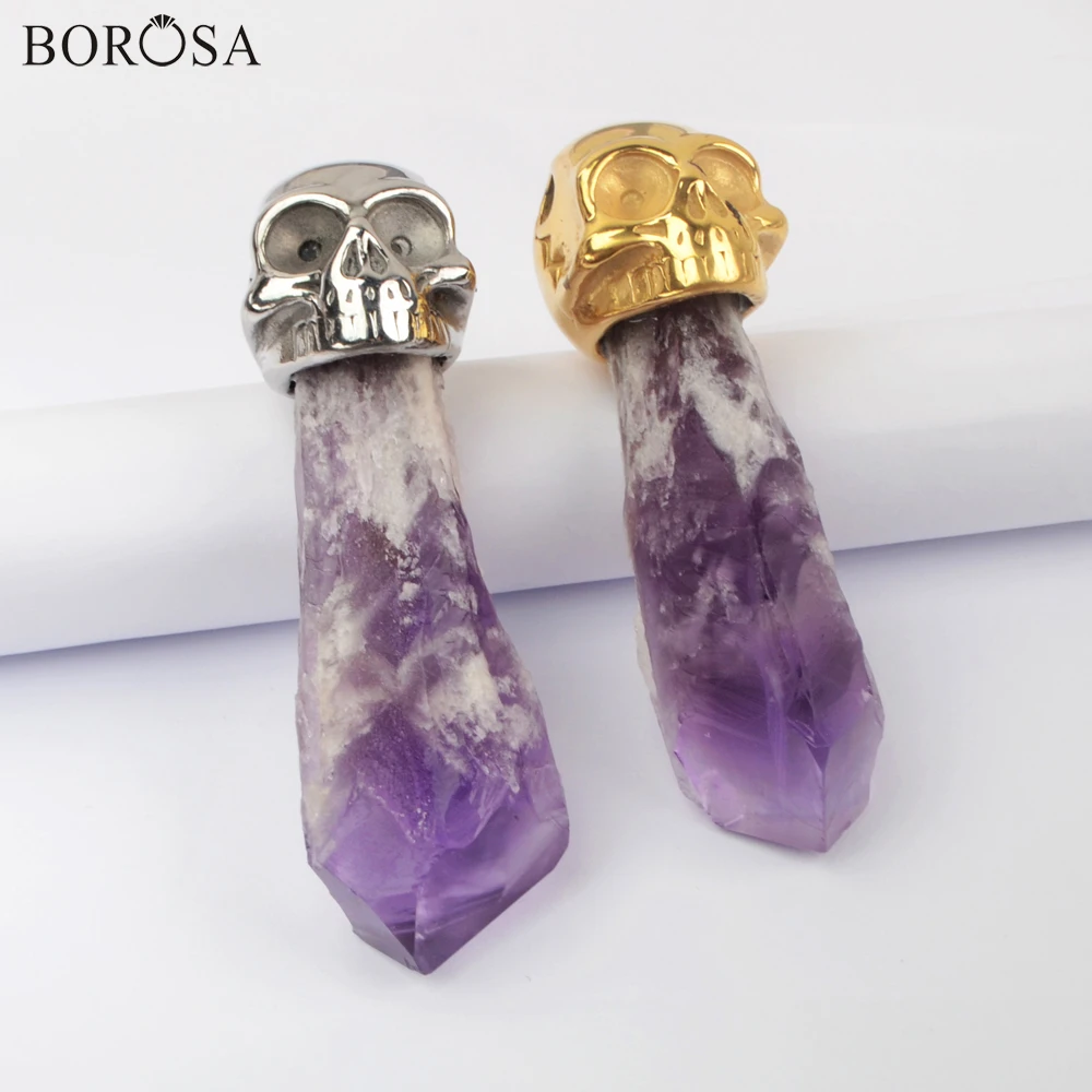 

BOROSA Raw Purple Crystal Quartz Pendants for Women Necklace Fashion Gold Skull Natural Amethysts Healing Points Jewelry WX1386