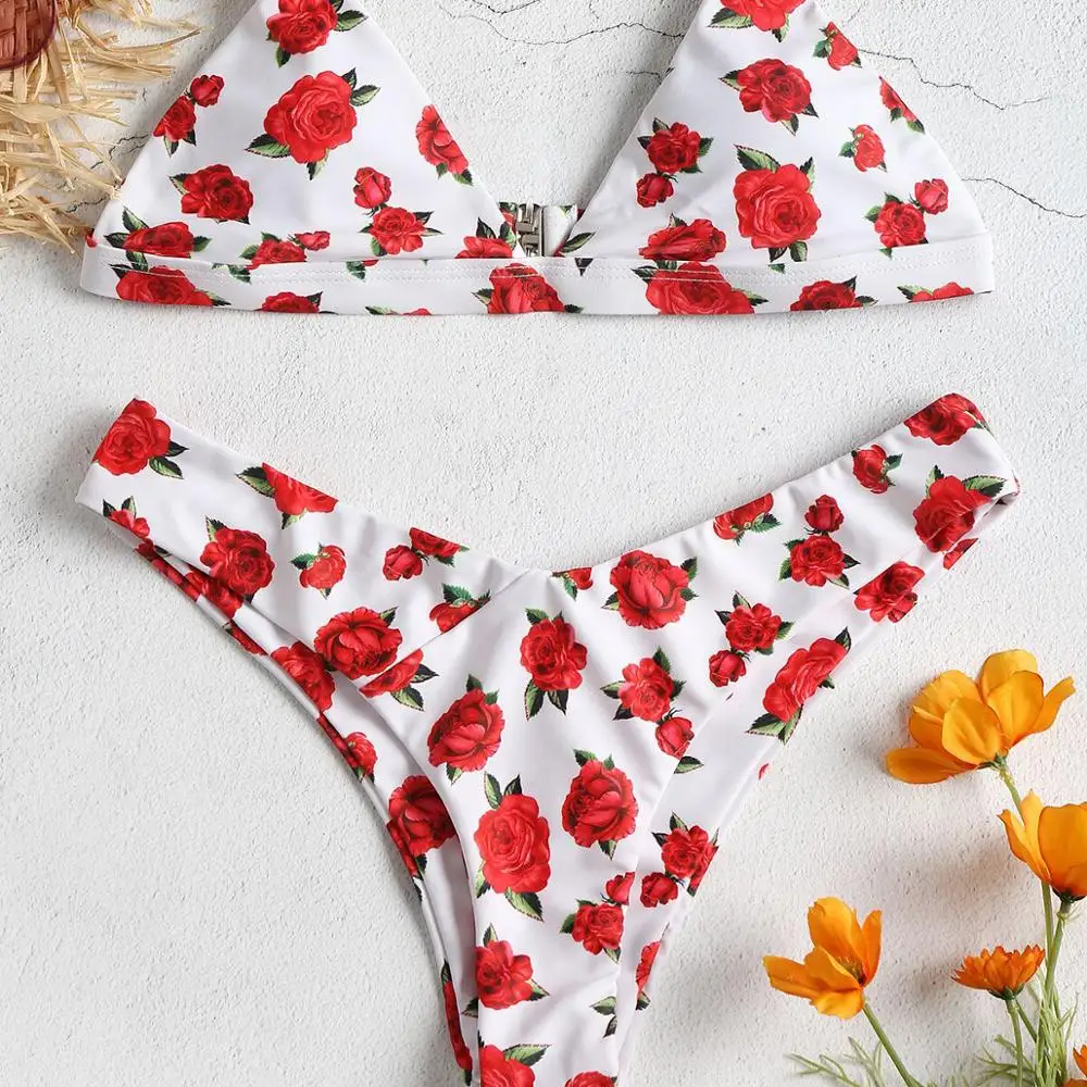 

Sexy Bikinis 2020 Rose Printed Mujer Push Up Padded Biquini Bathers Bandage Bathing Suit Female Low WaistBrazilian Bikini Set