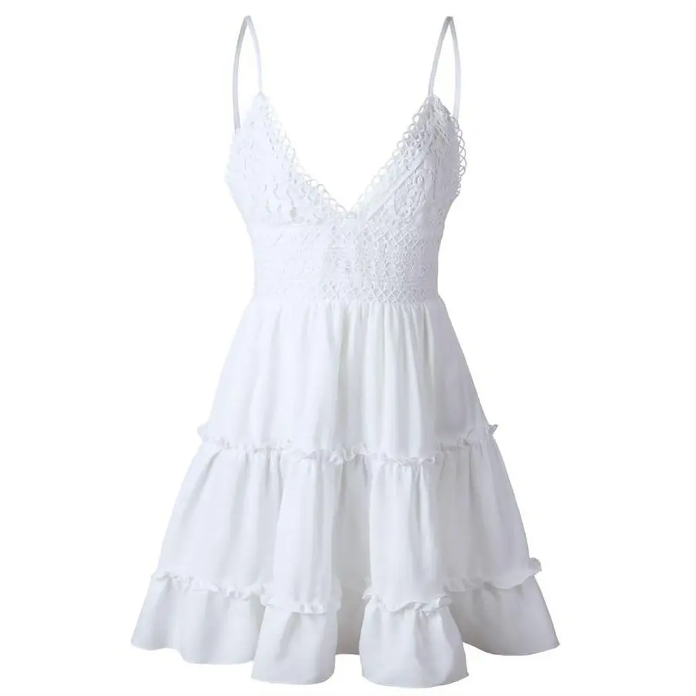 

Summer Women Summer Dress Sexy Bow Backless V-neck Mini Beach Dresses Sleeveless Mini Ruffle White Summer Beach Dress