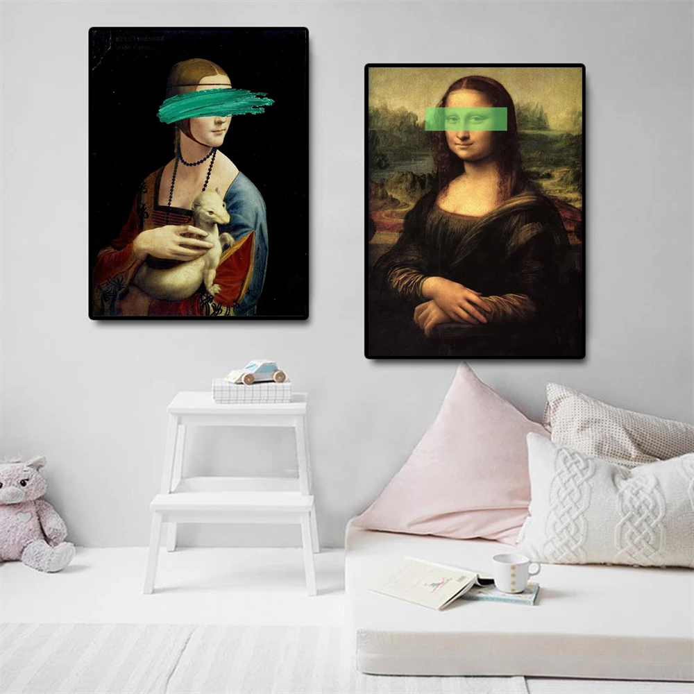 

Famous Painting The Lady With the Silver Mink Canvas Reproduction Artwork By Da Vinci Prints Wall Mona Picture for Home Decor