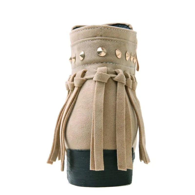 Ботильоны женские замшевые ботинки с бахромой на низком квадратном каблуке