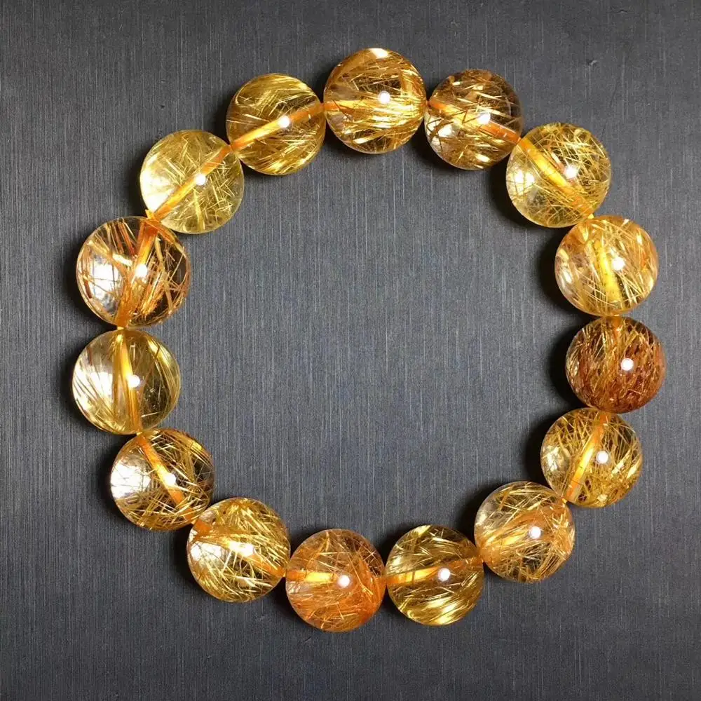 

15mm Natural Copper Rutilated Titanium Bracelet For Women Lady Men Cat Eye Round Beads Stretch Fashion Bracelet Jewelry AAAAA