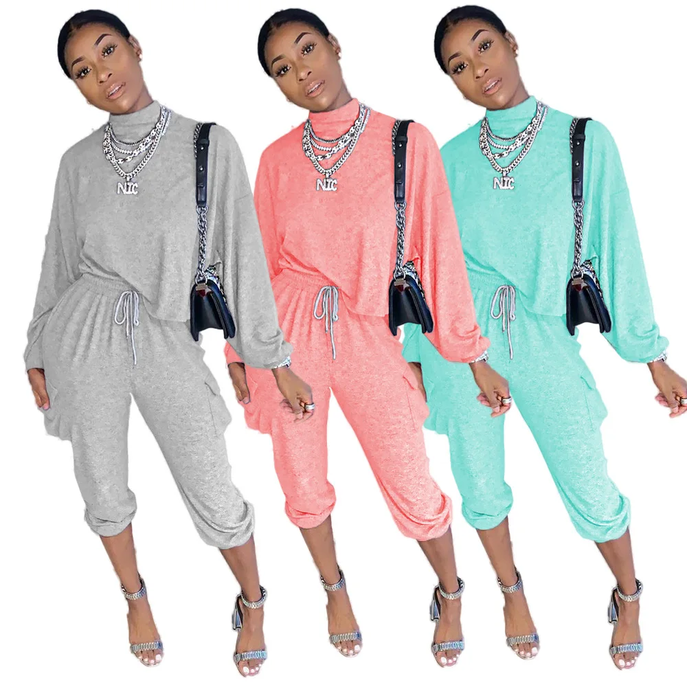 

Loose Casual Solid Women Sets Autumn High Neck Long Sleeve Bat Tees High Waist Drawstring Sports Pants Tracksuits Fitness Wear
