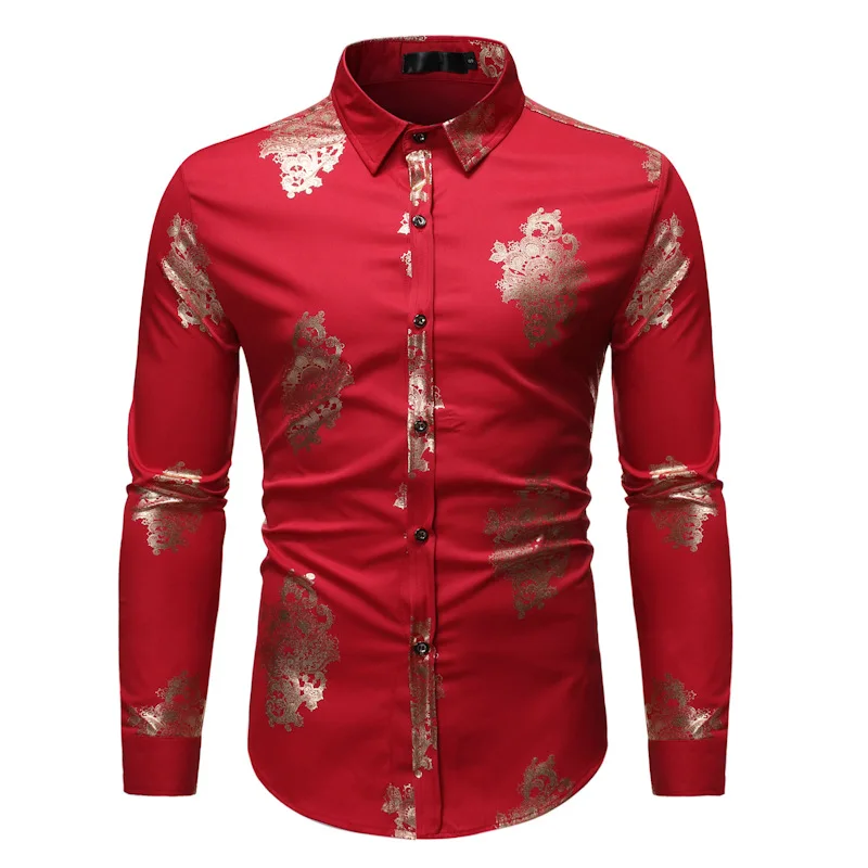 Мужская блестящая рубашка с золотым фольгированным принтом мужская приталенная