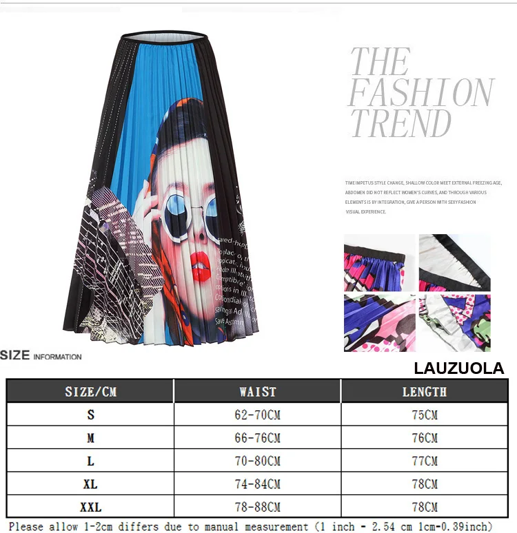 LAUZUOLA Spring Autumn Printed Cartoon Skirt Midi High Street Party Holidays High Elastic Quality Long Pleated Skirts Womens