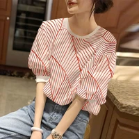 red striped blouses ladies summer thin short sleeved shirts puff sleeve new sleeve loose 2020 new style women tops round neck