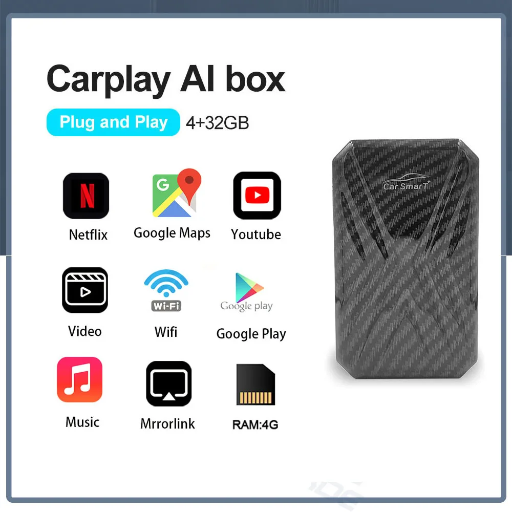 

CarPlay AI Android Box Автомобильный мультимедийный плеер 4 + 32 ГБ Android 9.0 Беспроводная зеркальная ссылка воспроизведение видео Автоматическая ТВ-прис...