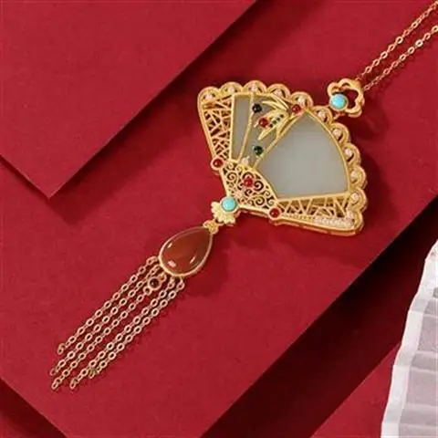 

The designer's original innovative silver inlaid gilt gold Hetian jade fan necklace pendant Chinese style ladies jewelry