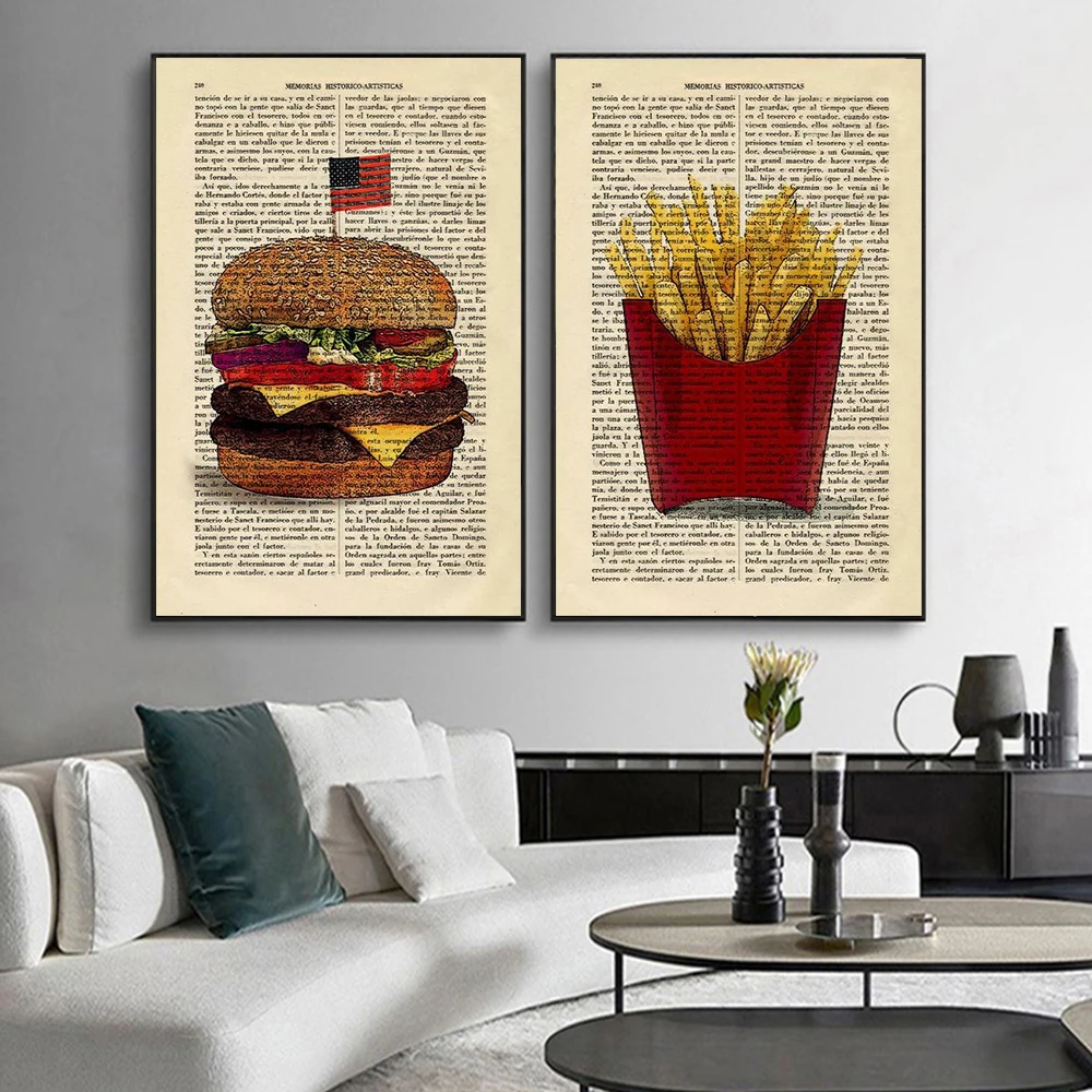 

Restaurant American Burger French Fries Art Print Vintage Kitchen Posters Dorm Room Prints Gift Wall Decor Poster Dictionary
