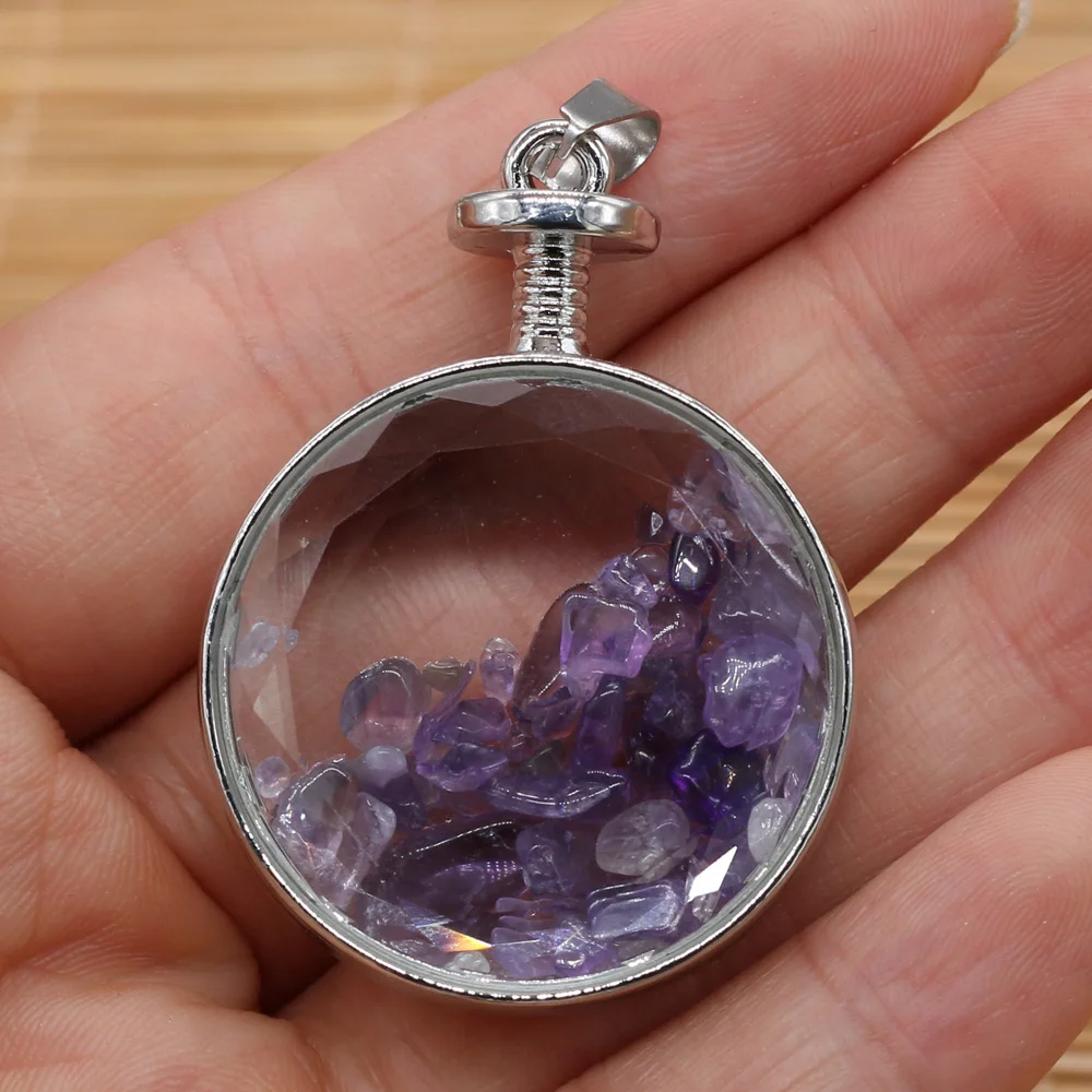 

Natural Rose Quartzs Tourmaline Crushed Stone Pendant Metal Alloy Round Charms for DIY Jewelry Making Necklace 30x42mm