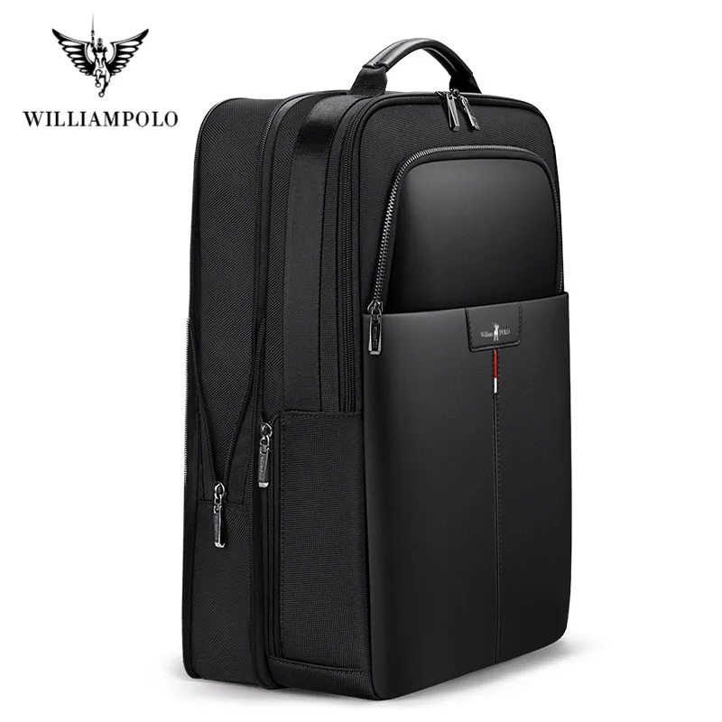 Мужской рюкзак от кражи WILLIAMPOLO расширяемый кожаный с USB внешней зарядкой для