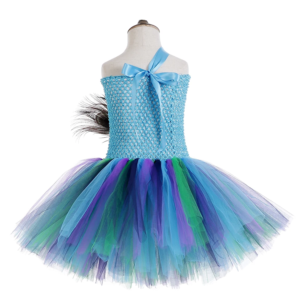 Платье-пачка принцессы с павлином для девочек Вечерние платья из тюля перьями и